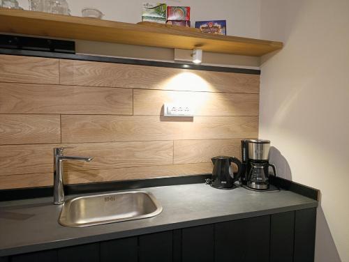 a kitchen with a sink and a counter top at TESLA Garden & Spa in Veternik
