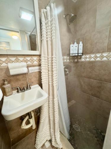 a bathroom with a shower curtain and a sink at Boutique Guest Suite Private Entrance Near Hard Rock FLL Airport Cruise Port in Fort Lauderdale
