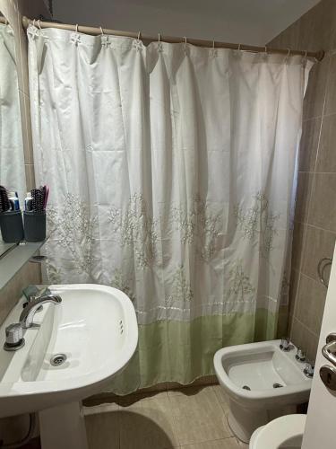 a bathroom with a sink and a shower curtain at Departamento Plumerillo in Santa Rosa