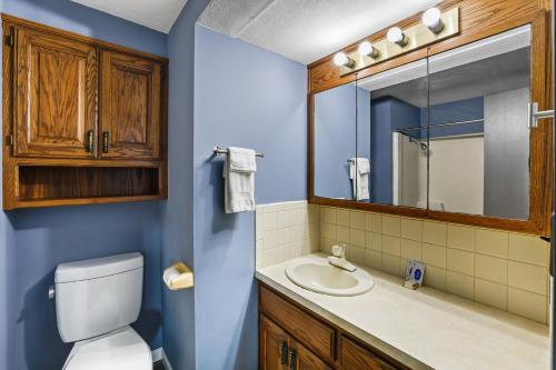 a bathroom with a toilet and a sink and a mirror at Grand Motel in Hastings