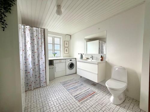 a white bathroom with a toilet and a sink at Beachhouse Humlebæk in Humlebæk