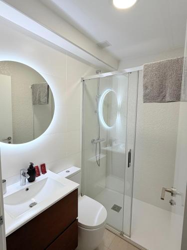 a bathroom with a shower and a toilet and a sink at Dama Apartamentos Turísticos Toledo in Toledo