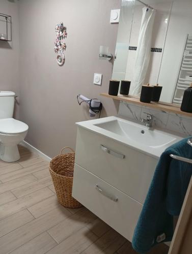 a bathroom with a white sink and a toilet at L'harmonie des Oiseaux in Meyronne