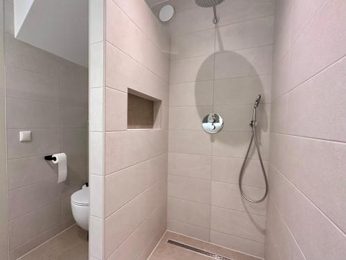 a bathroom with a shower with a toilet at Erve t Hoolterhof in Holten
