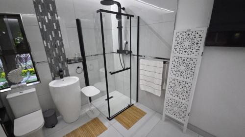 a bathroom with a shower and a toilet and a sink at Indulge Deluxe Accommodation in Middelburg