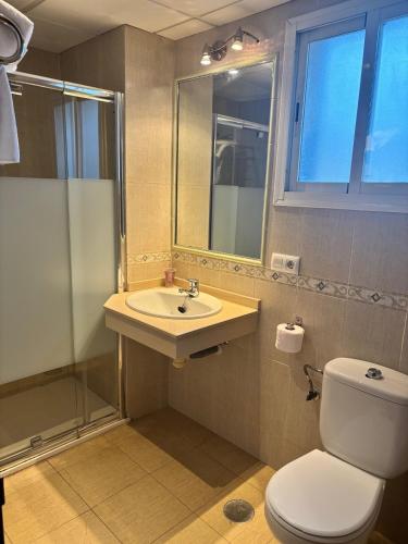 a bathroom with a toilet and a sink and a shower at Hostal La Isla in Montijo