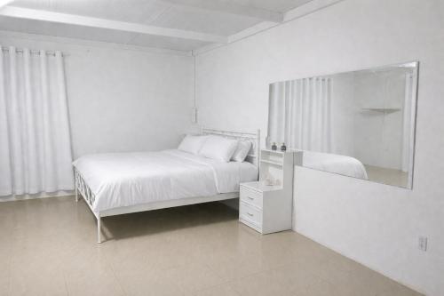 ein weißes Schlafzimmer mit Bett und Spiegel in der Unterkunft Harmony Home in Willemstad