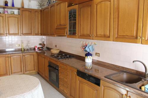a kitchen with wooden cabinets and a sink at Patrick's House in Belluno