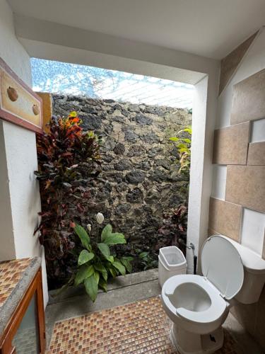 a bathroom with a toilet and a stone wall at Residencia privada de 10 habitaciones para 20 personas in Chiconcuac