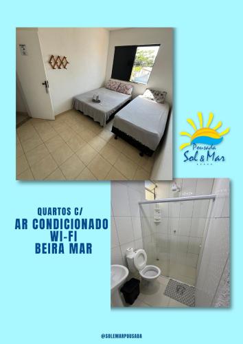two pictures of a bedroom with a bed and a bathroom at Pousada Sol e Mar in Saubara