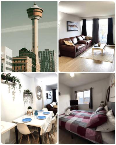 a collage of four pictures of a living room at Quiet City Retreat, Modern Comfort in the Heart of Calgary in Calgary