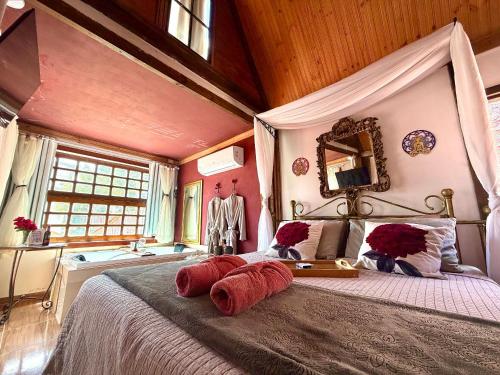 a bedroom with a large bed with red pillows on it at Divina Cabana - Lago Corumbá IV - Alexânia (GO) in Alexânia