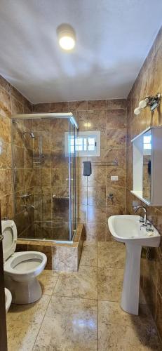 a bathroom with a toilet and a sink and a shower at Flor del Aromito in Alta Gracia