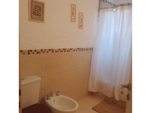 a bathroom with a toilet and a sink and a shower at Casa Willy Pampa in Barreal