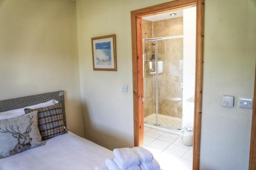a bedroom with a bed and a glass shower door at Corncrake Cottage in Leverburgh