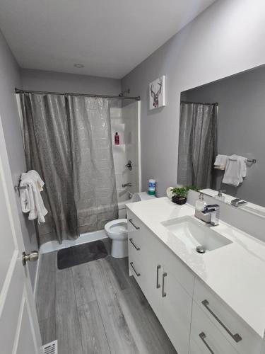 a white bathroom with a toilet and a sink at The Lots home in Winnipeg