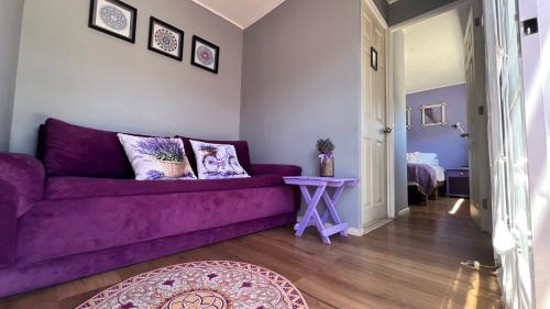 a purple couch in a living room with a table at Lavanda del Valle in Vicuña