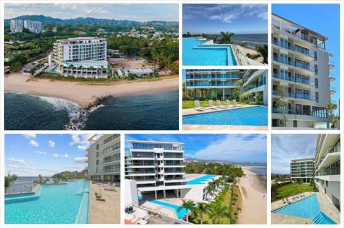 a collage of pictures of a beach and buildings at Luxurious apartment in cruz de huanacaxtle with covered parking in Cruz de Huanacaxtle