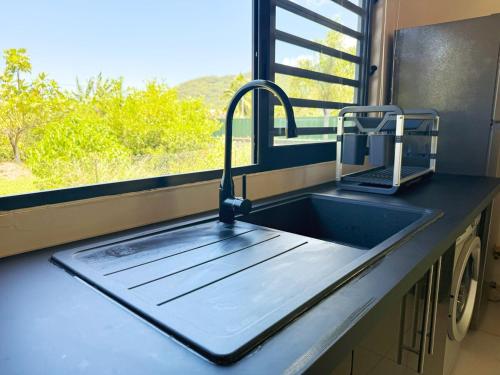 a kitchen with a sink and a window with a view at Quiet house - great mountain view in Tiaraha