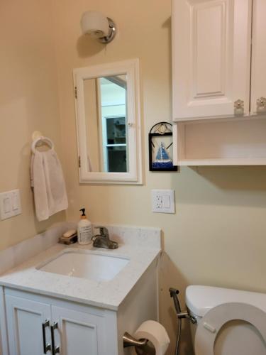 a white bathroom with a sink and a toilet at Nice and cozy in Bremerton