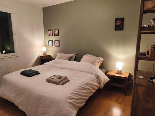 a bedroom with a white bed with two lamps at Ostal del Koï in Rabastens