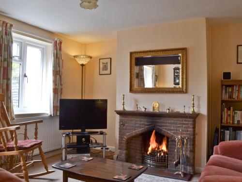 a living room with a fireplace and a television at Honeysuckle Cottage in Minsterley