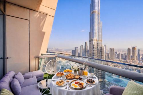 a table with food on a balcony with a view of a city at Private Room in Downtown Burj Vista Apartment with Burj Khalifa View in Dubai
