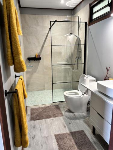 a bathroom with a shower and a toilet and a sink at Matira Hills Apartment in Bora Bora