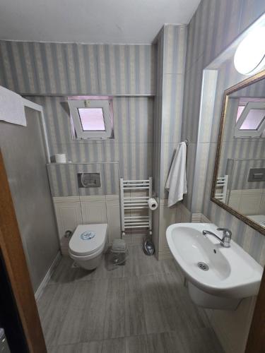 a bathroom with a white toilet and a sink at Gizem Pansiyon in Çanakkale