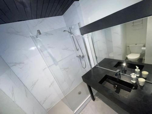 a bathroom with a shower and a sink at Fasthotel L'Eldorado in Sébazac-Concourès