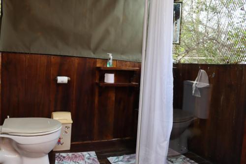 a bathroom with a toilet and a shower at Mukuku Oasis Lodge in Shimweghe