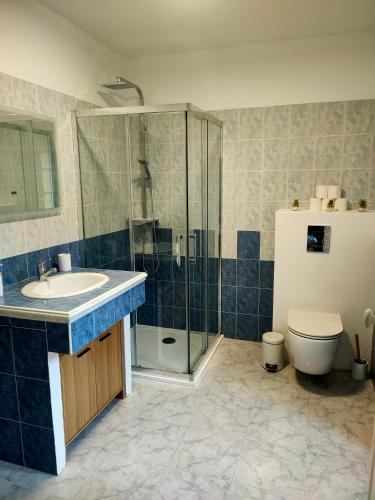 a bathroom with a sink and a shower and a toilet at Maison Corse avec SPA - La Casa Serena in Ortiporio