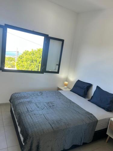 a bedroom with a large bed and a window at Villa chandelle in Saint-Pierre