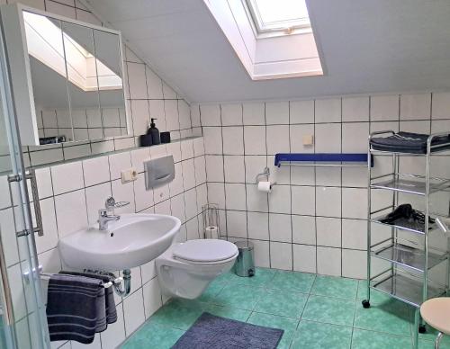 a bathroom with a sink and a toilet and a skylight at Haus Probst in Bischofsmais