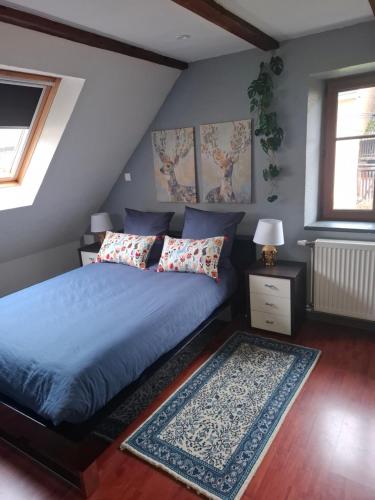 a bedroom with a blue bed and a rug at Maison Les Géraniums parking privé in Linthal