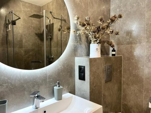 a bathroom with a sink and a mirror at Апартаменти Парус Сіті in Lviv
