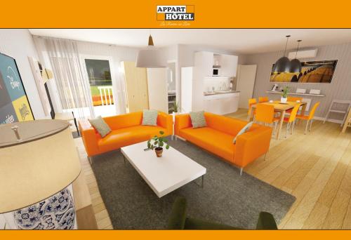 a living room with orange furniture and a table at APPART'HÔTEL Les Prés Blondeau, 1 à 10 personnes, 3 chambres, Terrasse, Parking privé, Wifi, Arrivée autonome 24-7 in Les Rosiers