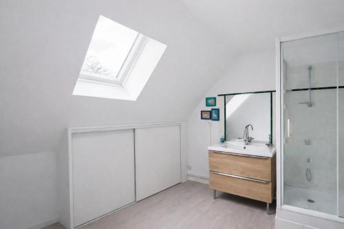 a bathroom with a sink and a shower at Gîte Le Haut-Perché, 4 personnes in Saint-Gervais-la-Forêt