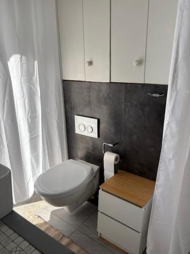 a bathroom with a toilet and white cabinets at Domek nad Strugą przy stawach 10 km od Warszawy" Jacuzzi na zamówienie" in Halinow