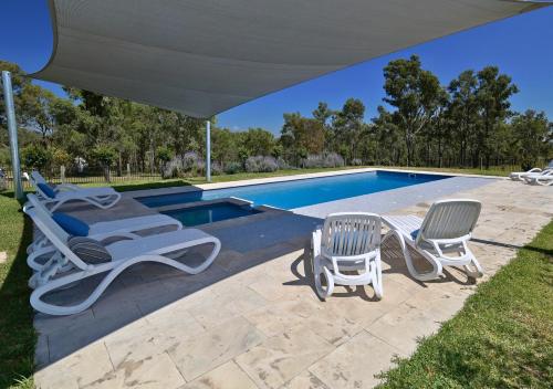 a group of lawn chairs sitting next to a swimming pool at Beltana Villas in Pokolbin