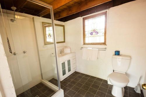 a bathroom with a toilet and a shower at Peppers Creek Accommodation in Pokolbin