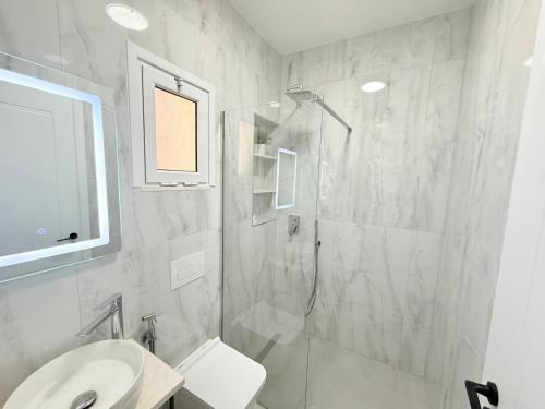 a bathroom with a shower and a toilet and a sink at Citrus Nest in Berat