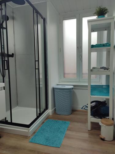 a bathroom with a glass shower and a blue rug at Les Insolites de Champeix in Champeix