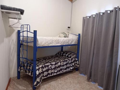 a small room with a bunk bed and curtains at Hostel Lagos del Sur in El Chalten