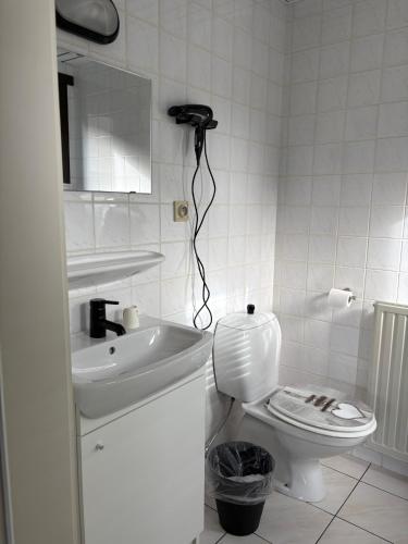 biała łazienka z umywalką i toaletą w obiekcie Hotel en Bistro de Vaart w mieście Damme