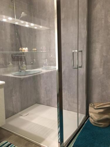 a shower with a glass door in a bathroom at Bienvenue en Alsace in Huttenheim