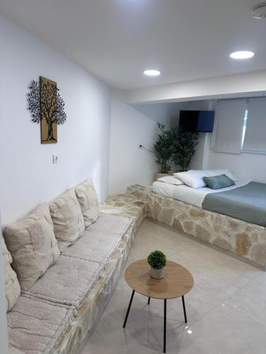 a living room with a couch and a bed at Olive tree studio ,Corfu Town in Ágios Rókkos