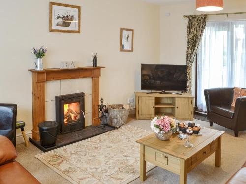 ein Wohnzimmer mit Kamin und Fernseher in der Unterkunft Thistle Dee in Wooler