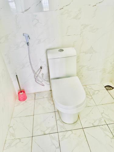 a white toilet in a bathroom with a shower at Oltare Safari Homestay in Makuyuni