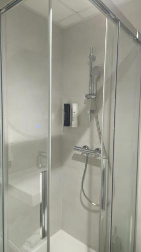a bathroom with a shower and a glass shower stall at Apartamentos O Caneiro in Portomarin